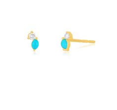 14K DOUBLE TREASURE STUD EARRING | EF-61411 Dainty Yellow Gold Turquoise Diamond Stud Earrings In a miniature duo stud silhouette, this earring is small and delicate but packs a quietly beautiful punch. It features a sparkling diamond with a single vibrant turquoise stone of to accompany. Set in gleaming 14k yellow gold and finished with butterfly post backs. Formal Multi-stone 14k Gold Earrings, Formal 14k Gold Multi-stone Earrings, Turquoise Stud Earrings Mini, Blue Diamond-accented 14k Gold Earrings, Yellow Gold Cubic Zirconia Multi-stone Earrings, Shopping Event, Ring Sale, Back Jewelry, Sparkle Diamonds