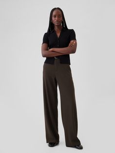 Soft, warm brushed twill trousers.  E-waist with concealed hook and bar closure, zip fly.  Front slant pockets, back welt pockets.  Fit: Classic.  An easy silhouette that fits close at the waist, and is relaxed through the hips and thigh.  Models wearing Gap Casual Work Pants With Hip Pockets, Cheap Wide-leg Pants For Business Casual, Brown Long Sleeve Black Pants, Brown Buisness Casual Pants, Tapered Pants Women Fall, Office Casual Pants Women, Cheap Cotton Bottoms For Workwear, Cheap Casual Business Pants, Black Wide Leg Pant Casual