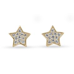 A wonderful and lively pair of natural diamond flat star stud earrings. This petite yet magical pair showcases 0.14-carats total of sparky white brilliant round cut diamonds pave set within. Crafted in 14K gold, in the color of your choice. The perfect everyday earrings, oh and did we mention they were screwbacks? The best option for the most protection.  Setting Style: Pave Setting Material: 14K Yellow/White/Rose Gold Main Stone: Diamond Approx Weight: 0.14-Carats (Total) Cut: Brilliant Round Clarity: VS Color: H Luster: Excellent Treatments: Natural Estimated Retail Value: $1,890.00 USD Keep in mind we custom create all of the items listed here. If you have a special request for a custom-created item please contact us at 1 800 840 6828. Complimentary shipping with the USA. Star-shaped Diamond Earrings With Accents, Star-shaped Diamond Earrings Fine Jewelry, Star-shaped Diamond Earrings With Accents For Anniversary, Star Earring, Star Stud Earrings, Minimalist Gifts, Star Earrings Stud, Earrings Dainty, Emerald Jewelry