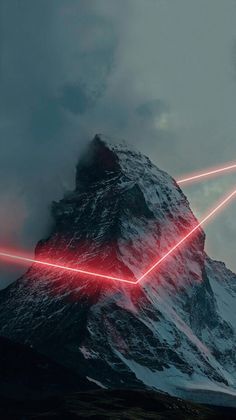 a mountain with red lasers coming out of it