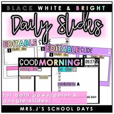 DAILY TEACHING SLIDES TEMPLATE WITH TIMERS | BLACK, WHITE, & BRIGHT| EDITABLE Teaching Slides, Elementary Special Education Classroom, Daycare Curriculum, 7th Grade Ela, Middle School 6th Grade, Teaching Third Grade, Special Education Elementary, Prek Math, 8th Grade Ela