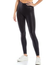 Spanx Faux-Leather Leggings | Dillard's Sleek Stretch Workout Pants, Sleek Tight Bottoms For Pilates, High Rise Tight Leggings With Contoured Waistband, Fitted Gym Leggings For Fall, Tight High-rise Leggings With Wide Waistband, Versatile Stretch Tights With Contoured Waistband, Sleek High Waist Elastane Leggings, Compression Leggings With Contoured Waistband, High Rise Stretch Leggings For Fall