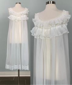 B E S T  F I T S  Suggested Size: Up to Size 8/10  Please check measurements below to ensure the best possible fit.    D  E  S  C  R I  P  T  I  O  N    *Solid white chiffon nightgown  *Accordion ruffle pleat at neckline  *Two layers of accordion pleats at front, one at back  *Decorative white bows at shoulders  *Scoop neckline  *Sleeveless  *Full construction  *Double chiffon  *There is stretch to the fabric   *Mid-calf length  *White floral lace at hemline  *Loose fit  *Estimated era: 1950s - 1960s    D  E  T  A  I  L  S    * Fabric: No label - Nylon  * Care: No label - item has been machine washed  * Marked Size: No label  * Maker's Label: Cabri     M  E  A  S  U  R  E  M  E  N  T  S    (Measurements are taken flat across the front, then doubled when appropriate.)  *Underarm to underarm Chiffon Nightgown, Moon Outfits, Thrift Board, Accordion Pleats, Women's Nightgowns, Aesthetic Things, White Chiffon, Pajama Robe, Clothing Design