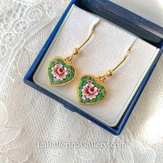 Earring Silver 925 Gold Color Italian Florentine Micro Mosaic Jewelry Byzantine Florence Italy Vintage Style Floral Round Gift Italy Heart - Etsy Handmade Green Jewelry For Valentine's Day, Green Heart Beads Earrings For Gift, Green Earrings With Heart Beads For Gifts, Heart Charm Drop Earrings Jewelry For Gift, Heart Charm Round Earrings For Anniversary, Anniversary Earrings With Heart Charm, Vintage Double Heart Earrings As Gift, Vintage Double Heart Earrings For Gift, Yellow Gold Hallmarked Flower Earrings For Gift