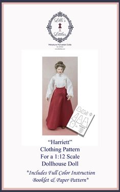 a doll is wearing a red skirt and white shirt with the words harriet clothing pattern for a