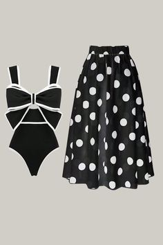 Elevate your beach style with our Women’s Summer Beach Vacation Contrast Color Bowknot One-Piece Swimsuit and Polka Dot Cover Skirt Set. This chic black and white two-piece set features a stylish colorblock, geometric, polka dot, and striped pattern. The one-piece swimsuit includes a charming bow front detail and a wireless bra with removable padding for customizable comfort. Paired with an elegant polka dot printed cover skirt, this high-stretch, lined set ensures a perfect fit and sophisticate Polka Dot Swimwear For Summer, Polka Dot Swimwear For Summer Swimming, Polka Dot Sleeveless Beachwear Swimwear, Polka Dot Swimwear For Poolside Summer, Polka Dot One-piece Beachwear Swimwear, Polka Dot One-piece Beachwear, Polka Dot Swimwear For Summer Vacation, Polka Dot Sleeveless Summer Swimwear, Sleeveless Polka Dot Summer Swimwear