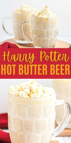 two mugs filled with hot butter and topped with whipped cream, sitting on top of a