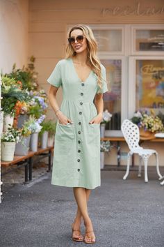 Casual V Neck Short Sleeves Button Down Midi Dress with Pockets Short Dress Patterns, Floral Print Short Dress, Women's Summer Dresses, T Shirt Dresses, Button Down Midi Dress, Solid Midi Dress, Solid Maxi Dress, Midi Dress With Pockets, Floral Chiffon Maxi Dress