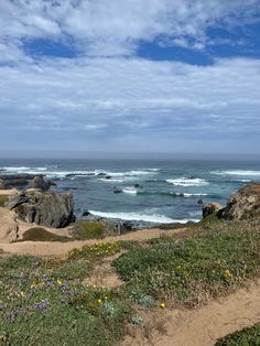 a sandy path leading to the ocean with wildflowers and rocks in the foreground