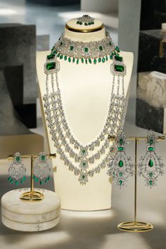 Irma Rhodium Plated Green Bridal Set - 4-piece jewelry set with rhodium-plated finish Emerald Green Stone, Bridal Attire, Ear Chain, Accessories Ear, Chandbali Earrings, Choker Necklace Set, Bridal Look, Jhumka Earrings, Royal Jewelry