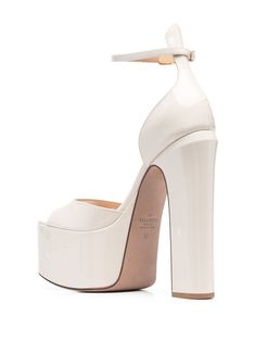 ivory white patent calf leather open toe platform sole buckle-fastening ankle strap branded insole high heel platform sole High Heel Platform, Leather Block Heels, Block Heels Sandal, Ivory White, Platform Sandals, Valentino Garavani, Heeled Mules, High Heel, Calf Leather