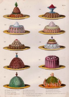 an old book with many different types of cakes on it