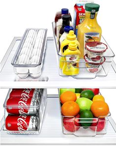 two refrigerators filled with different types of drinks and condiments on top of each other