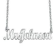 Make a statement with the 14K gold over sterling silver "Mrs" necklace, perfect whether you're a newlywed or have been happily married for years.Closure: Spring-ringPersonalize: Up to 8 script letters for name (not including "Mrs.")Features: PersonalizedShape: RoundMetal Color: WhiteChain Length: 18 InchChain Width: 1.25 MillimetersChain Construction: RopeCare: Wipe CleanMetal: Sterling SilverNecklace Type: Name NecklacesAssembled in the US from Imported Materials Classic Name Necklace With Hallmark For Anniversary, Formal Initials Jewelry For Mother's Day, Custom Silver Name Necklace For Wedding, Custom Silver Necklace With Name For Wedding, Classic Name Necklace With Hallmarks For Mother's Day, Elegant Name Necklace With Hallmark For Anniversary, Classic Name Necklace For Mother's Day Anniversary, Classic Name Jewelry For Mother's Day, Classic Initials Name Necklace For Anniversary