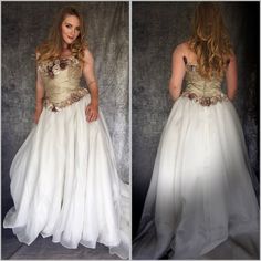 two pictures of a woman in a white and gold dress with flowers on the waist