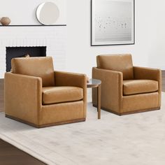 two brown chairs sitting next to each other on top of a white carpeted floor