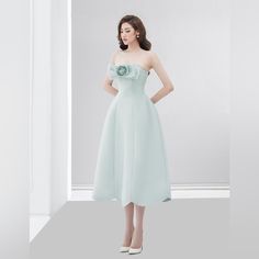 Questions? Leave On The Comment Below! Spring A-line Strapless Bridesmaid Dress, Light Blue Knee-length Dress For Banquets, Chic Midi Strapless Dress For Banquets, Chic Strapless Midi Dress For Banquet, Elegant Light Blue Strapless Evening Dress, Chic Spring Banquet Dress, Chic Light Blue Strapless Dress, Chic Spring Midi Dress For Banquet, Strapless Maxi Dress For Spring Banquet