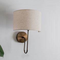 a wall light with a white shade on it and a plant in the corner next to it