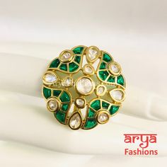 Rani Emerald Kundan Adjustable Ring Festive Temple Jewelry Toe Ring, Green Jeweled Round Ring, Festive Kundan Ring Jewelry, Kundan Rings For Festivals And Gifts, Chandbali Rings For Festivals, Festive Temple Jewelry Rings With Meenakari, Festive Meenakari Temple Jewelry Ring, Festive Meenakari Rings, Traditional Green Toe Ring Jewelry