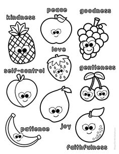 fruits and vegetables coloring pages with the words fruit, love, self - control, joy