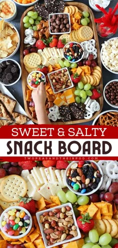 Learn how to make this Sweet and Salty Snack Board for your tailgating snack ideas! This spread is perfect for entertaining and makes the best Gameday food or an easy football food idea! Charcuterie Board Meats, Decorações Com Comidas, A Charcuterie Board, Charcuterie Inspiration, Charcuterie Platter, Charcuterie Cheese, Snack Board, Party Food Platters, Charcuterie And Cheese Board