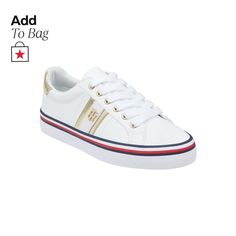 in stock White Lace-up Sneakers With Metallic Logo, Gold Low-top Sneakers With Contrast Sole, Gold High-top Sneakers With Contrast Sole, Gold Lace-up Sneakers With Metallic Logo, Gold Low-top Sneakers With Metallic Logo, Gold High-top Sneakers With Vulcanized Sole, Gold Sneakers With Foil Embossed Logo And Round Toe, Casual White Sneakers With Foil Embossed Logo, Gold Low-top Sporty Platform Sneakers