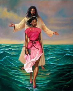 a painting of jesus walking in the water