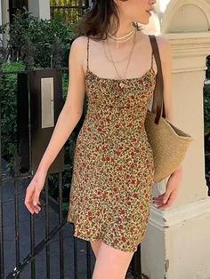 Spaghetti Strap Floral Print Mini Dress Vintage Floral Slip Mini Dress - AnotherChill Green Floral Print Dress, Summer Brown, Slip Mini Dress, Club Fashion, Boho Mode, Dresses Beach, Brown Floral Print, Gaun Fashion, Yellow Floral Dress