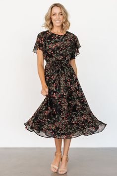 Indulge in effortless charm with our Laurel Midi Dress, designed for a relaxed Sunday stroll or any semi-casual outing. Featuring a timeless black chiffon material adorned with delicate florals, its flowy A-line skirt and sheer flutter sleeve add a touch of femininity. Style Feminine, Semi Casual, Baltic Born, Midi Dress Black, Black Chiffon, Chiffon Material, Cup Size, Office Outfits, Black Midi Dress