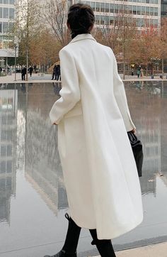 Long Single-breasted Wool Coat For Office, White Wool Long Coat, White Wool Outerwear With Notch Lapel, White Long Wool Coat For Formal Occasions, Classic White Long Wool Coat, Formal Long Wool Coat For Spring, White Double-breasted Outerwear For Business, Double-breasted White Outerwear For Business, Formal Long-sleeve Sweater Coat For Fall