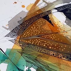 an abstract painting with watercolors and ink on paper, depicting different types of feathers