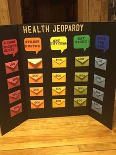 a sign with different messages on it that says health jeepardy and has been cut out