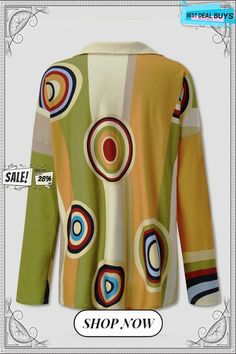 Vintage Geometric Contrast Printed Loose Long Sleeve V-neck Plus Size Casual T-shirt Retro V-neck T-shirt For Spring, Green Printed V-neck Top, Green V-neck T-shirt With Graphic Print, Multicolor Print V-neck Top For Fall, Patterned Abstract Print V-neck Top, Yellow V-neck Graphic Print T-shirt, Retro Long Sleeve Printed T-shirt, Multicolor Graphic Print V-neck T-shirt, Multicolor V-neck Graphic Print T-shirt