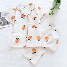 Elegant Printed Short Sleeved Pajamas Suit — Original Pajamas Comfortable White Sleepwear Set, Comfortable White Sleep Set, Summer Cotton Loungewear Sleepwear, Comfortable Summer Sets For Pajama Party, Orange Cotton Sleepwear For Loungewear, Summer Cotton Sleepwear For Loungewear, Comfortable Summer Sleepover Sets, Orange Cotton Pajama Party Set, Relaxed Fit Summer Sleepwear For Loungewear