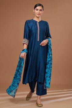 Blue chanderi silk kurta with placed bead embroidery. Comes with matching pant and tie-dye pattern dupatta. - Aza Fashions Blue Slub Silk Kurta With Sheer Dupatta, Unstitched Blue Tissue Silk Kurta, Blue Resham Embroidered Kurta In Tissue Silk, Blue Tissue Silk Kurta With Resham Embroidery, Blue Resham Embroidered Tissue Silk Kurta, Blue Tissue Silk Kurta With Dupatta, Blue Silk Kurta With Dori Work, Blue Bollywood Tissue Silk Kurta, Festive Blue Slub Silk Salwar Kameez