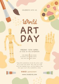 the poster for world art day is shown with an image of a person holding paintbrushes