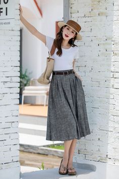 Gray Relaxed Fit Lined Maxi Skirt, Gray Relaxed Maxi Skirt With Lined Skirt, Gray Relaxed Fit Maxi Skirt With Lining, Gray Relaxed Maxi Skirt With Lining, Casual Long Gray Skirt, Casual Gray Long Skirt, Casual A-line Pleated Summer Skirt, Casual A-line Pleated Skirt For Summer, Casual Gray Relaxed Skirt