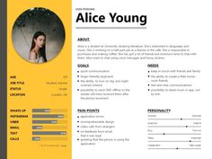 a yellow and black resume template with a photo on the front, an image of a woman