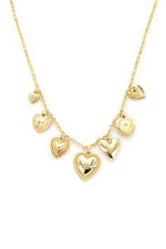 Heart charm necklace is a novelty statement piece with hearts in various shapes and sizes, complete with a lobster claw closure and extender. 16"" length + lobster claw closure, 100% gold plated brass.Store flat in a cool, dry location after each wear. Avoid Water Best Friend Necklaces For 2, Simple Charm Necklace, Heart Charm Necklace, Best Friend Necklaces, Jewelry Candles, Gold Charm Necklace, Friend Necklaces, Gold Necklace Layered, Bday Ideas