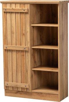 a wooden bookcase with three shelves and two doors on the front, one door open