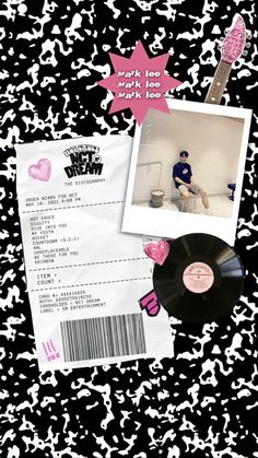 a black and white background with an old record, pink heart sticker, and a photo of a man sitting on a chair