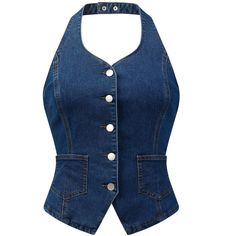 Made of denim, stretchy and breathable to wear, offers excellent flexibility, dynamic comfort, and a perfect fit for all day long. Halter-neck and cropped design enhances the body's natural silhouette and creates a casual and elegant look. It is easy to match with jeans, shorts, skirts, and high heels, or you can wear it under a shirt, jacket, coat, or cardigan. This cowboy denim waistcoat is made up of several design points: denim fabric, adjustable halter neck, cropped, single-breasted, irregu Cowboy Denim, Denim Waistcoat, Waistcoat Woman, Jean Vest, Women Halter, Shorts Skirts, Irregular Hem, Fall Fashion Trends, Fabric Details