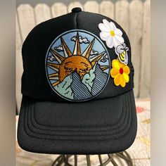 I Have Over 50 Different Designed, Snapback, Multi Patch Trucker Hats, All Handmade By Me! This One Is A Boho Outdoorsy Themed Cap! La Dodgers Hat, Dodger Hats, Canvas Hat, Black Bucket Hat, Raffia Hat, Red Beanie, Floppy Sun Hats, Painted Hats, Pink Beanies