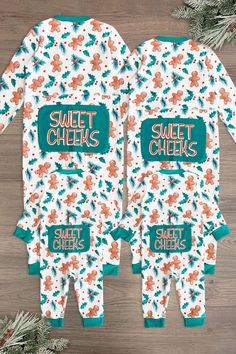 "Sweet Cheeks" Gingerbread Holly Family Pajamas | Sparkle In Pink Family Matching Christmas Pajamas Fun, Christmas Family Pajamas Ideas, Matching Mommy Daughter Outfits, Family Holiday Pictures, Goldendoodle Mom, Gingerbread Family, Distressed Leggings, Holly Print, Santas Coming