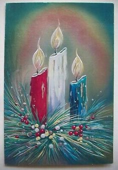 a painting of two candles with holly and berries on the bottom, surrounded by pine cones