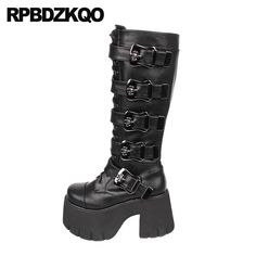 Extreme High Platform Goth Boots Step into the world of alternative fashion with these Extreme High Platform Goth Boots from RPBDZKQO. Crafted with a bold design and eye-catching details, these knee-high boots feature chunky square heels and an oversized platform that delivers both style and height. The side zip allows for easy wear, while the skull buckle adds a striking gothic touch. Perfect for those who love edgy, Japanese-inspired fashion, these boots are a must-have for making a statement. Japanese Inspired Fashion, Goth Boots, Square Heels, Platform Design, Metal Skull, Gothic Skull, The Skull, Patent Leather Heels, Coffee Gifts