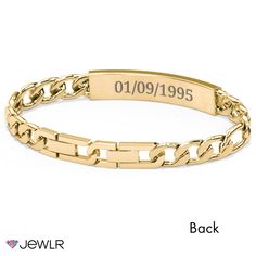 Personalize the perfect statement gift for any occasion. Engrave the front of this adjustable ID bracelet with a name or a special date and add a meaningful message to the back. Crafted in yellow ion-plated stainless steel, this men's curb-link chain bracelet features a removable link and can be adjusted from 7.75" to 9.25" to create just the right fit. Classic Nameplate Bracelet For Gift, Classic Customizable Name Bracelet For Gift, Classic Name Bracelet For Personalized Gift, Classic Personalized Nameplate Bracelets, Customizable Classic Name Bracelet As Personalized Gift, Personalized Classic Nameplate Bracelets, Classic Customizable Name Bracelet For Personalized Gift, Customizable Classic Name Bracelet For Personalized Gift, Classic Adjustable Customizable Jewelry