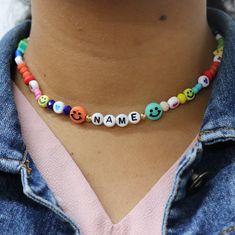 Custom smiley beaded name necklace can be defined as beach necklace with fun beads, summer necklace or waterproof necklace. Those colorful beach necklaces are named as rainbow fun necklaces. Colorful beach necklaces are the perfect addition to your summer jewelry collection. Add some pop color to any outfit when you wear this fun necklace. Also is a perfect matching between mom and daughter. This necklace is designed for women, teen and girls. Each necklace has a extender Necklace Length: 14 inc Silk Face Mask, Beach Necklaces, Summer Necklace, Colourful Necklace, Cool Necklaces, Matching Bracelets, Summer Jewelry, Organza Bags, Name Necklace