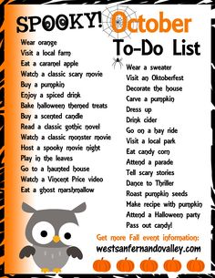 a spooky october to - do list with an owl and spider on it