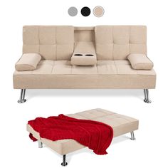 a couch and footstool are shown in two different colors